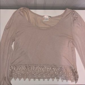 Tan long sleeve crop top crochet bottom